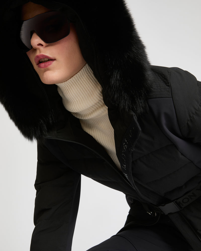 Mixed fabric belted ski jacket with fox fur trim