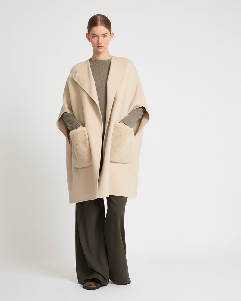 Cashmere blend cape with removable mink pockets - beige - Yves Salomon