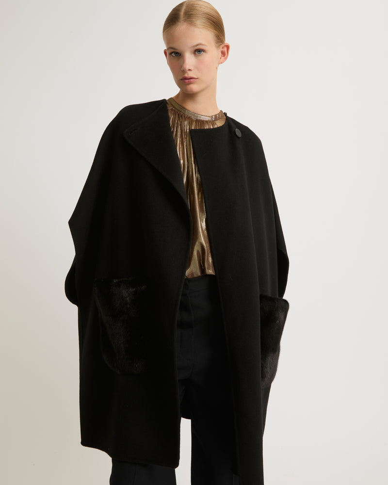 Cashmere blend cape with removable mink pockets - black - Yves Salomon