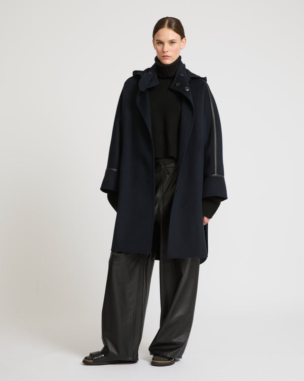 Double-sided cashmere blend hooded cape - navy - Yves Salomon