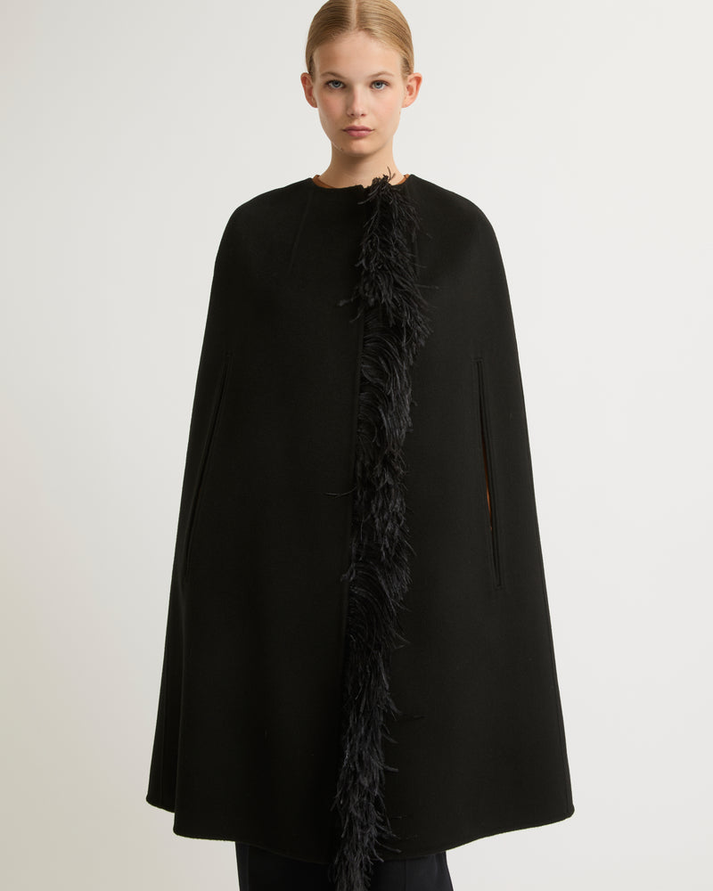 Double-sided cashmere blend maxi cape with feather details - black - Yves Salomon