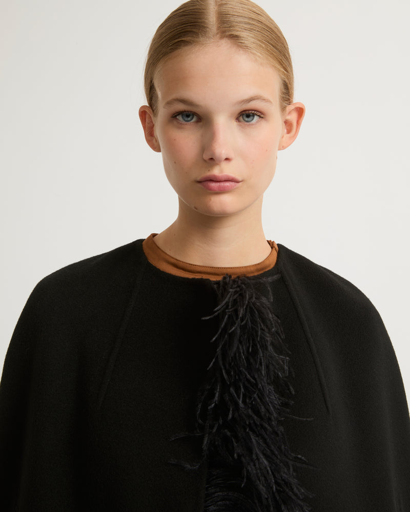 Double-sided cashmere blend maxi cape with feather details - black - Yves Salomon