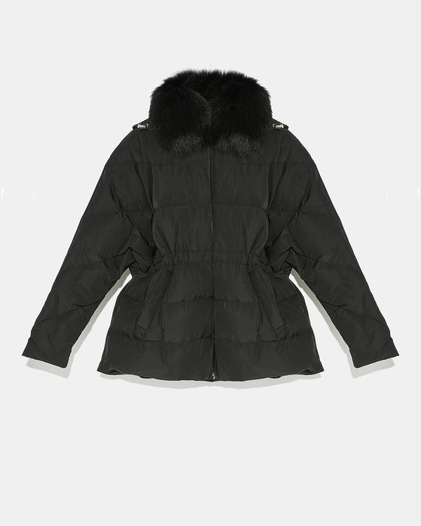 Technical fabric down jacket with detachable fox fur collar