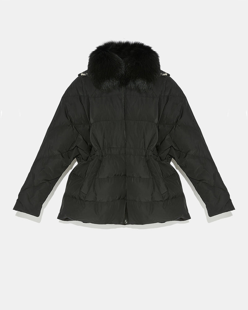 Technical fabric down jacket with detachable fox fur collar