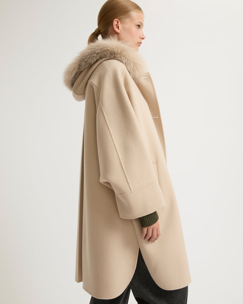 Cashmere blend hooded cape with fox trim - beige - Yves Salomon