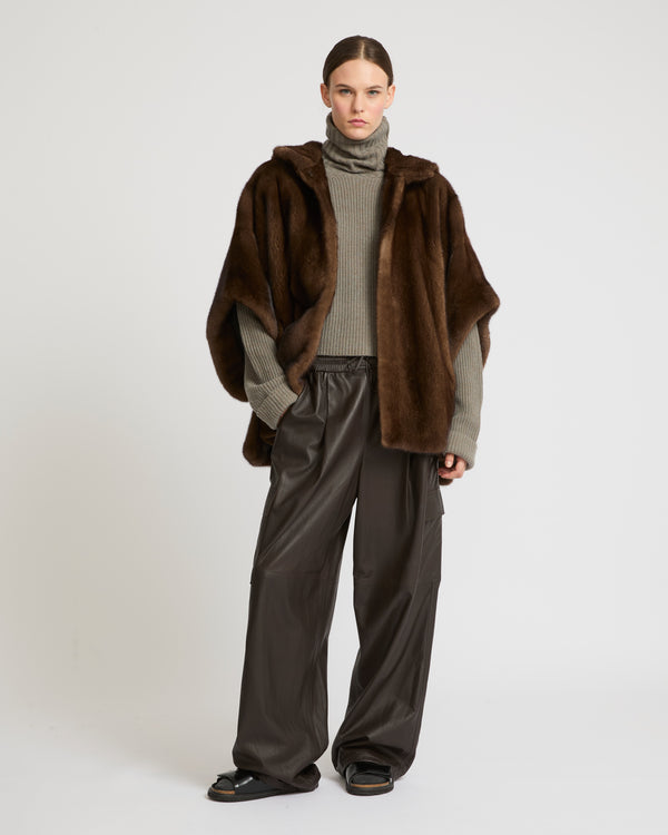 Long-haired mink fur hooded cape - brown - Yves Salomon