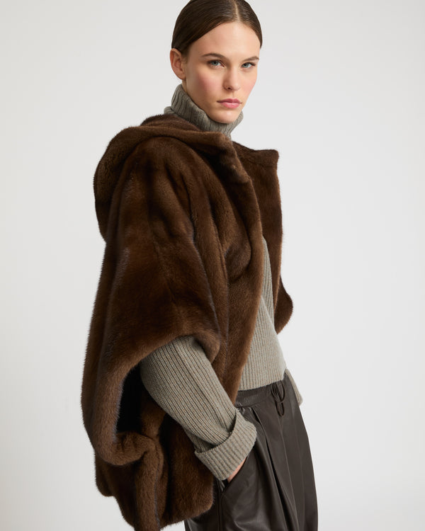 Long-haired mink fur hooded cape - brown - Yves Salomon