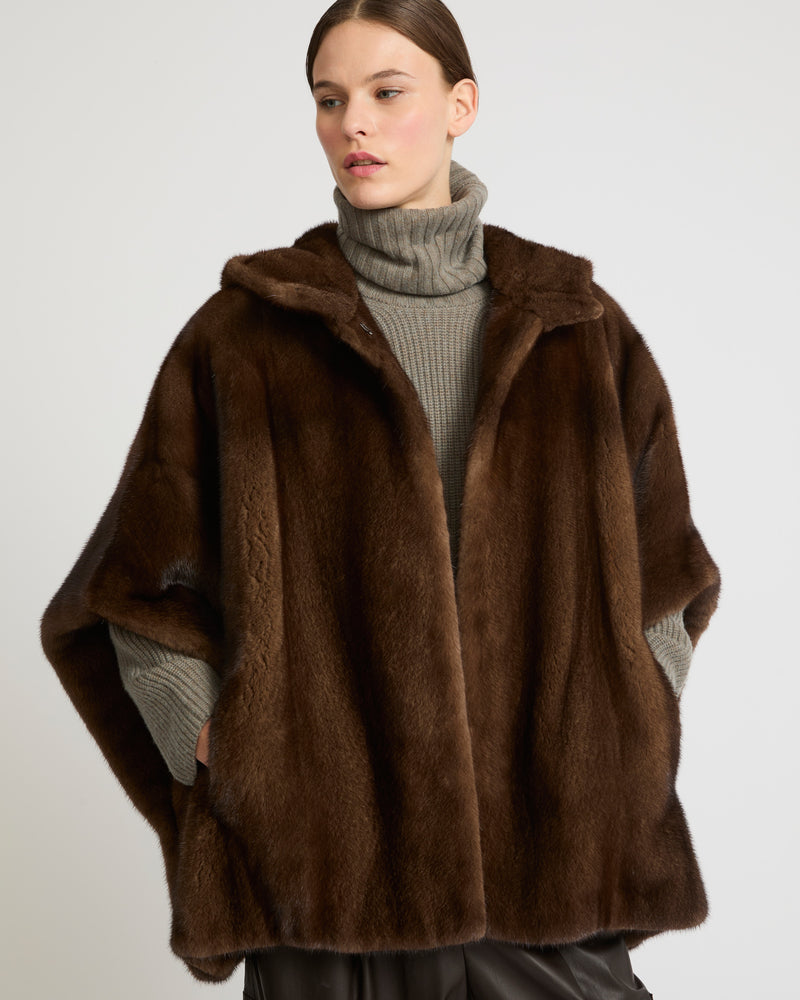 Long-haired mink fur hooded cape - brown - Yves Salomon