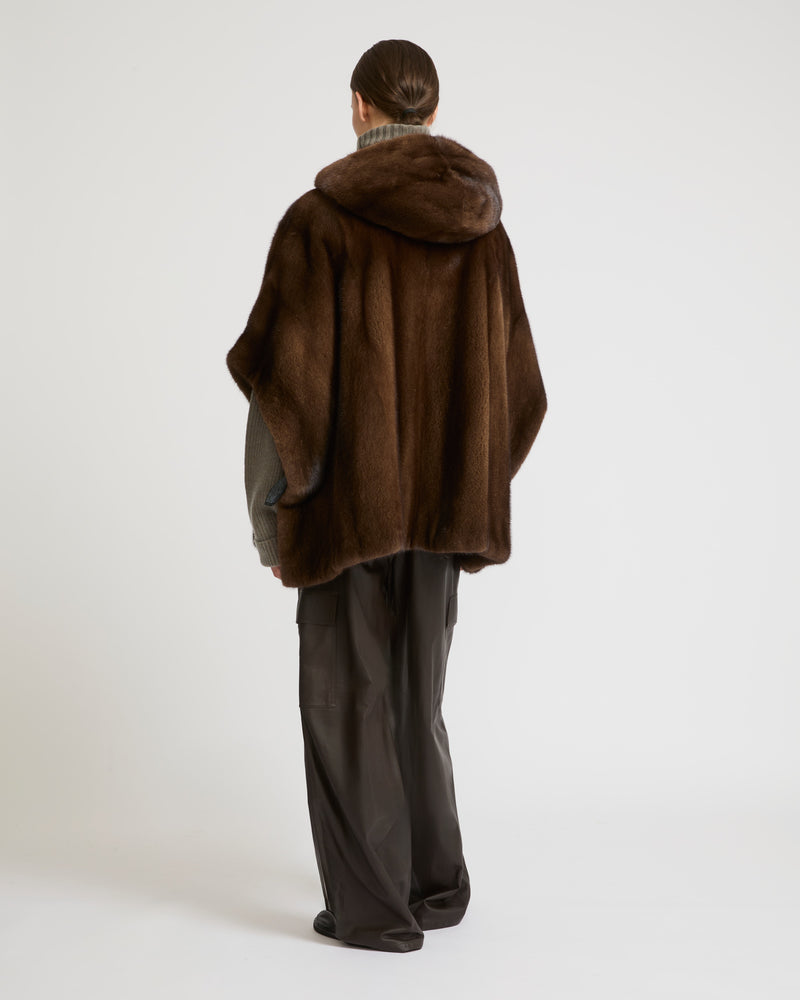 Long-haired mink fur hooded cape - brown - Yves Salomon