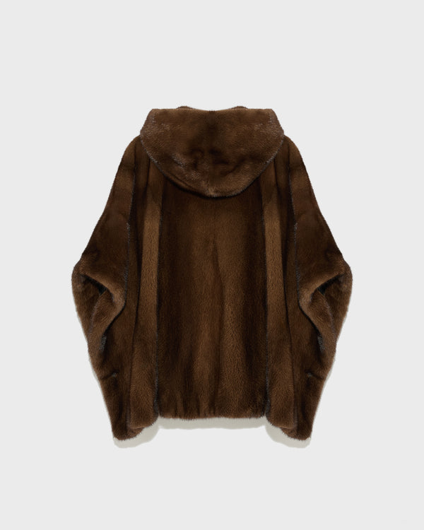 Long-haired mink fur hooded cape - brown - Yves Salomon