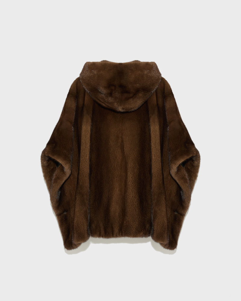 Long-haired mink fur hooded cape - brown - Yves Salomon