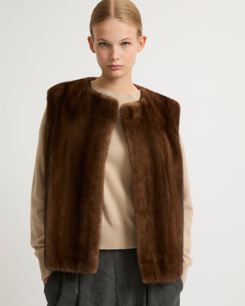 Long-haired mink fur gilet - brown - Yves Salomon