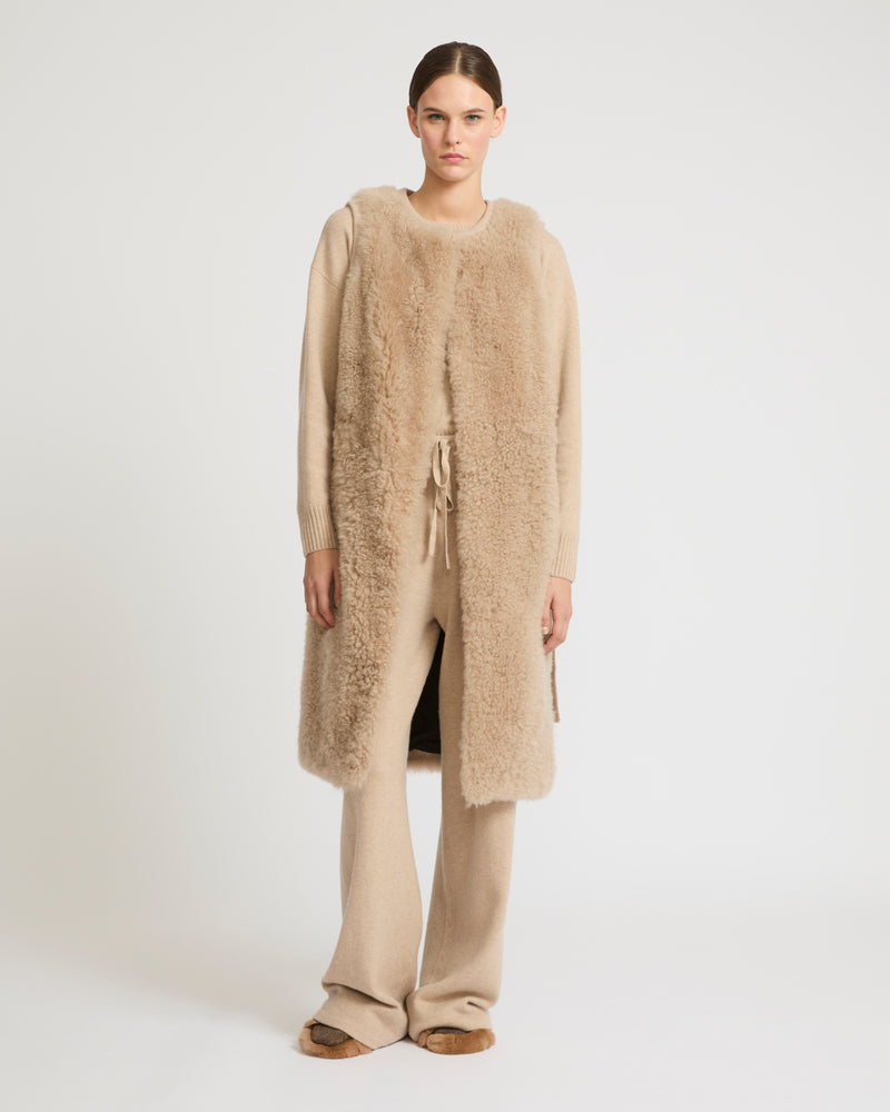 Long belted gilet in merino knit and lambskin - beige - Yves Salomon