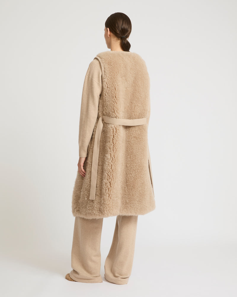 Long belted gilet in merino knit and lambskin - beige - Yves Salomon