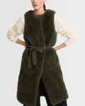 Long belted gilet in merino knit and lambskin