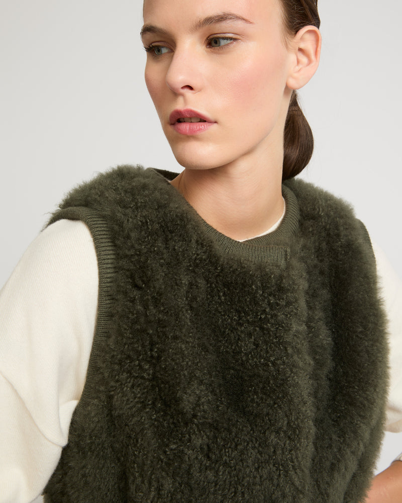 Long belted gilet in merino knit and lambskin - khaki - Yves Salomon