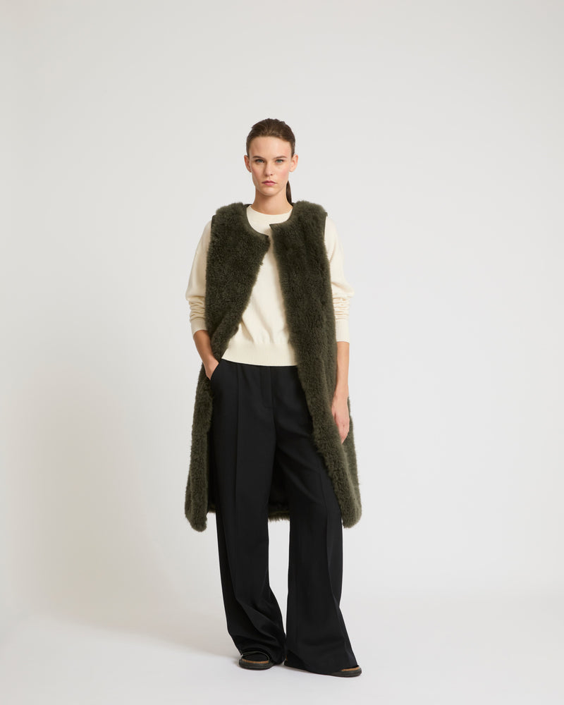 Long belted gilet in merino knit and lambskin - khaki - Yves Salomon