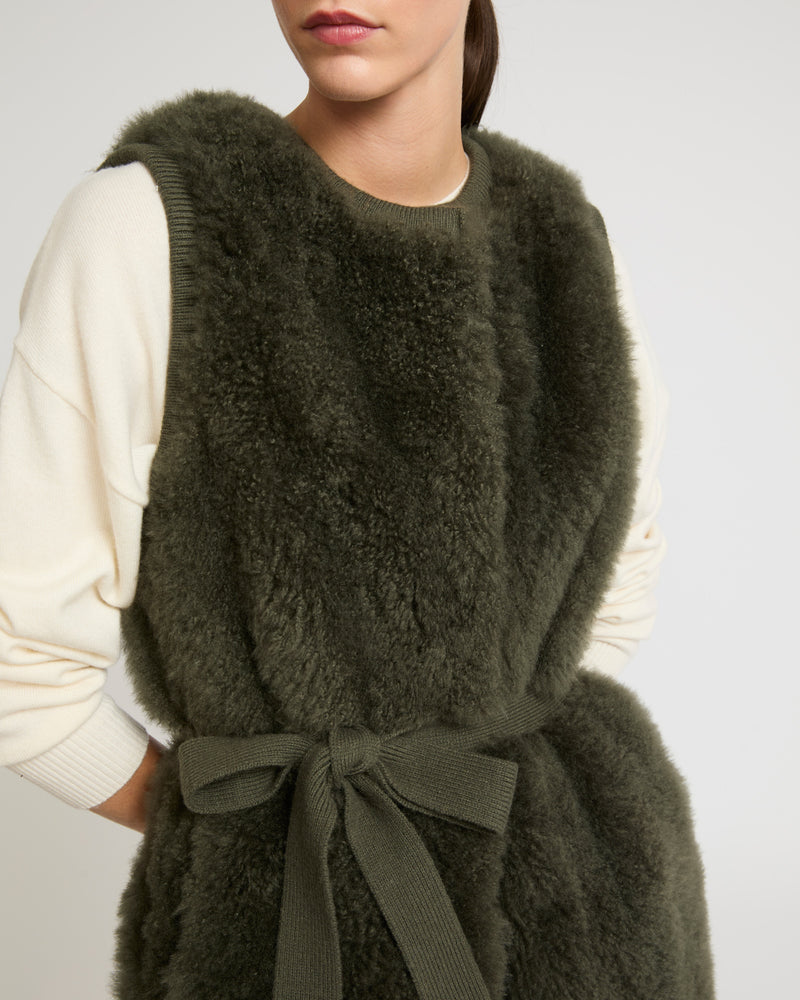 Long belted gilet in merino knit and lambskin - khaki - Yves Salomon