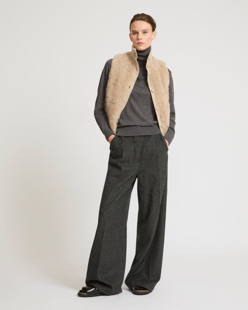 Short gilet in merino knit and lambskin - beige - Yves Salomon