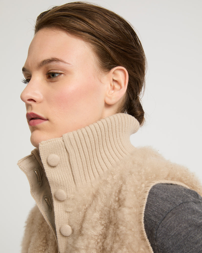 Short gilet in merino knit and lambskin - beige - Yves Salomon