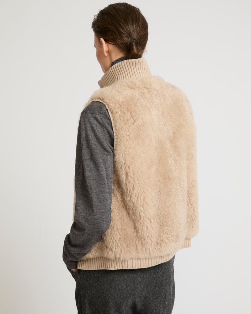 Short gilet in merino knit and lambskin - beige - Yves Salomon