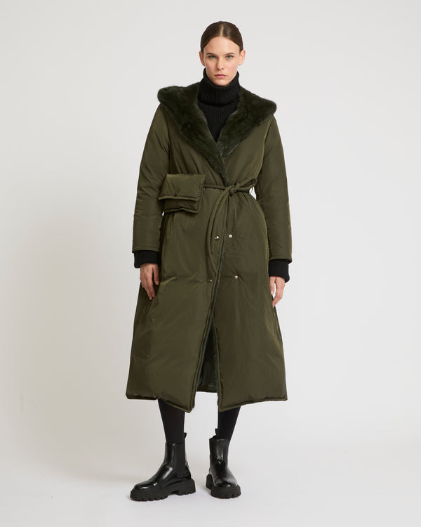 Long down coat in technical fabric and mink fur - khaki - Yves Salomon