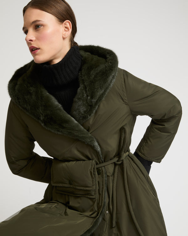 Long down coat in technical fabric and mink fur - khaki - Yves Salomon