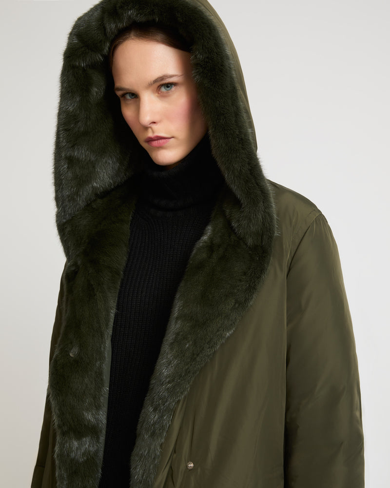 Long down coat in technical fabric and mink fur - khaki - Yves Salomon