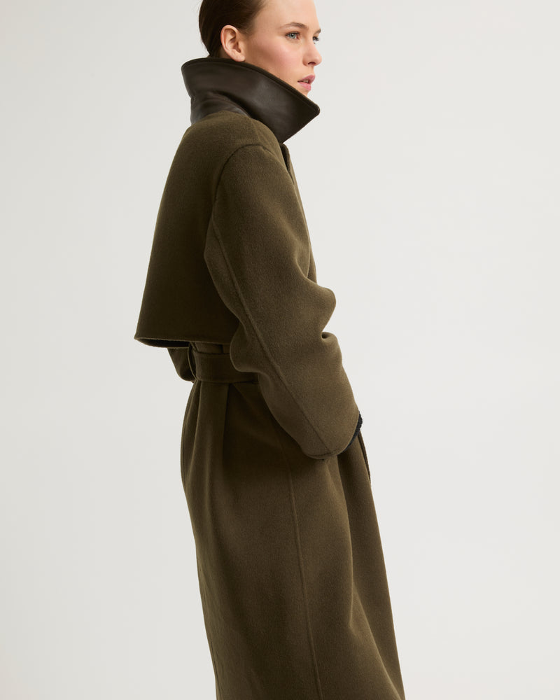 Long cashmere-blend trench coat with removable collar - khaki - Yves Salomon