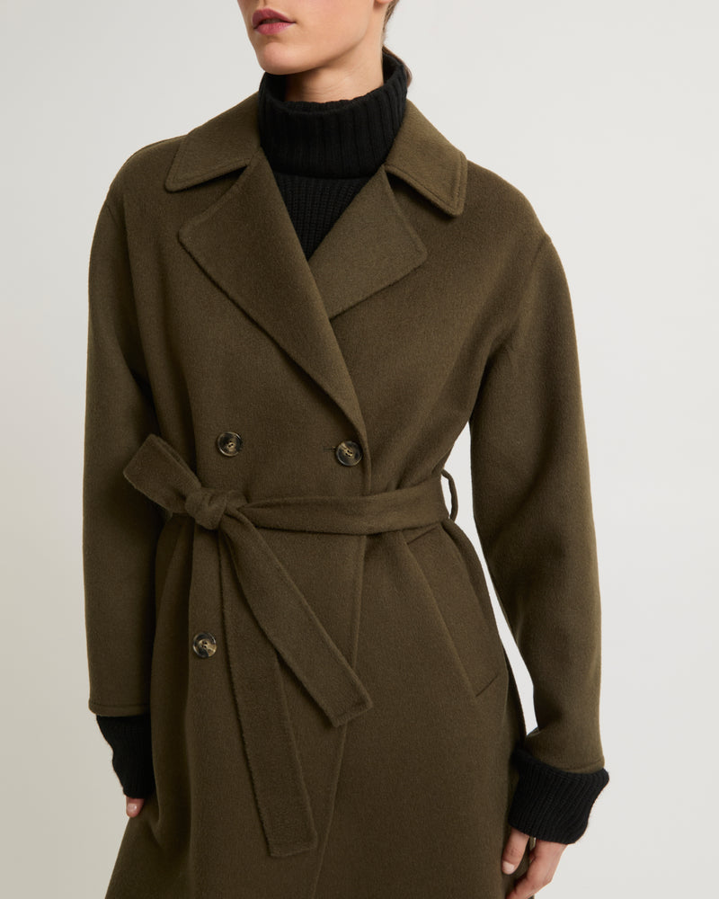 Long cashmere-blend trench coat with removable collar - khaki - Yves Salomon