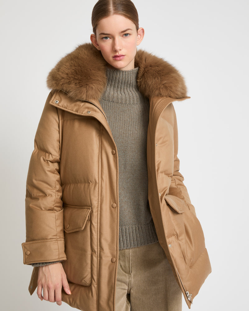 Mid-length down jacket in Loro Piana flannel fabric with detachable fox fur collar - camel - Yves Salomon