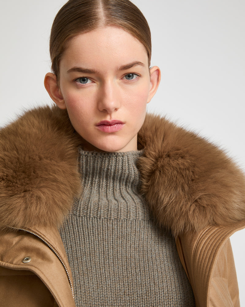 Mid-length down jacket in Loro Piana flannel fabric with detachable fox fur collar - camel - Yves Salomon