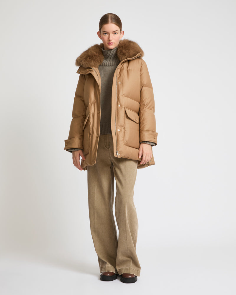 Mid-length down jacket in Loro Piana flannel fabric with detachable fox fur collar - camel - Yves Salomon