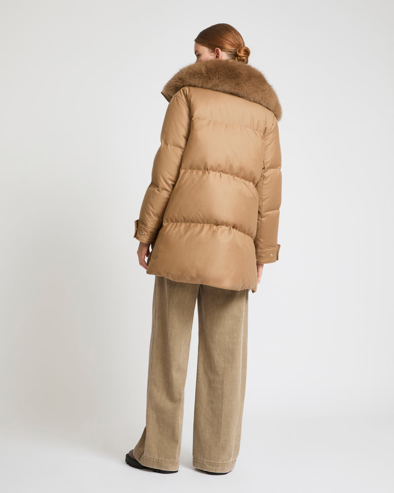 Mid-length down jacket in Loro Piana flannel fabric with detachable fox fur collar - camel - Yves Salomon