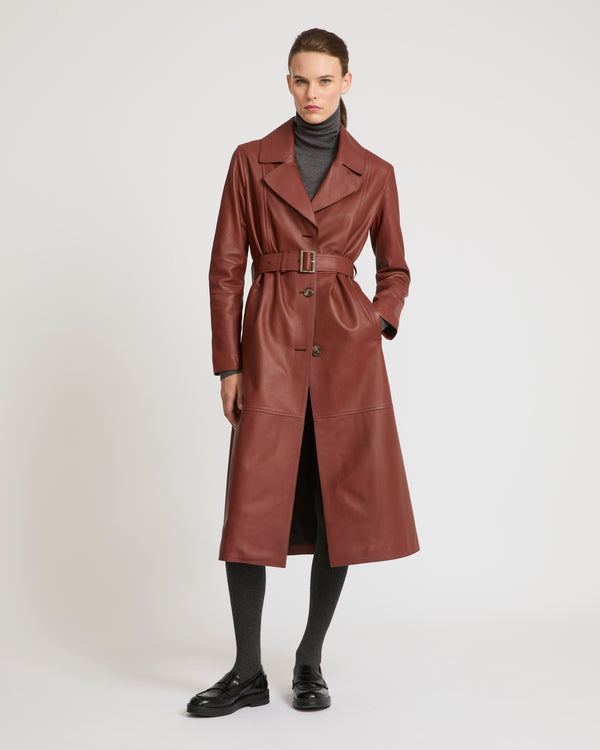 Long silhouette coat in lambskin leather - burgundy - Yves Salomon