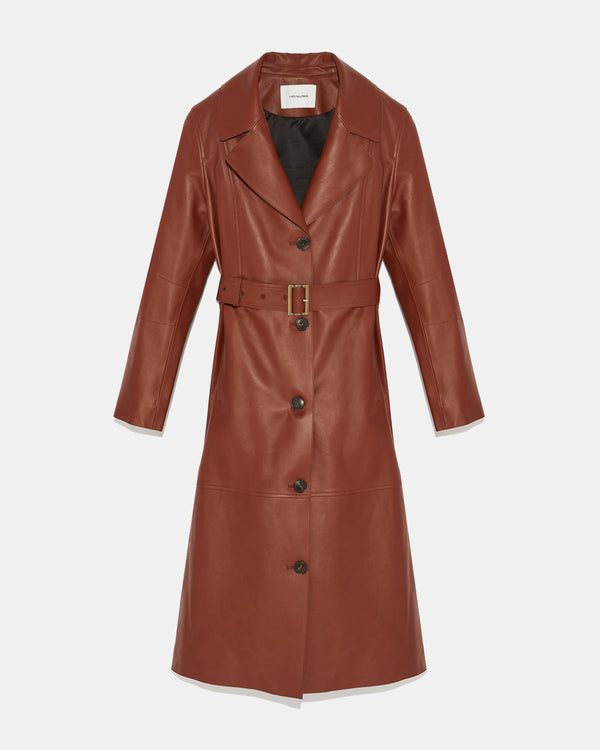 Long silhouette coat in lambskin leather - burgundy - Yves Salomon