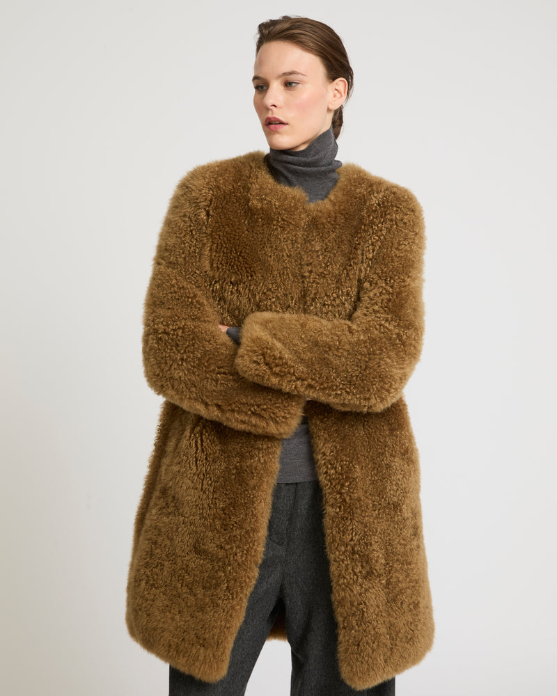 Coat in merino knit and lambskin - camel - Yves Salomon