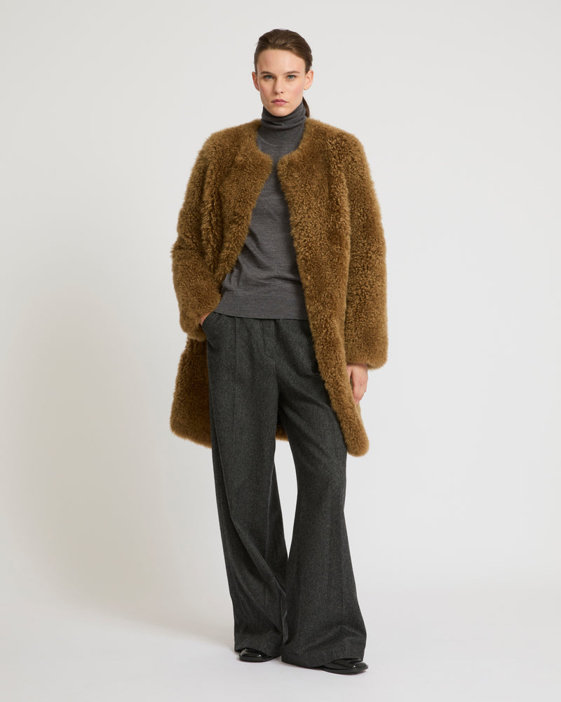 Coat in merino knit and lambskin - camel - Yves Salomon