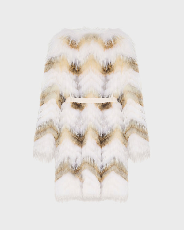 Belted coat in merino knit and fox fur - white natural mixed - Yves Salomon