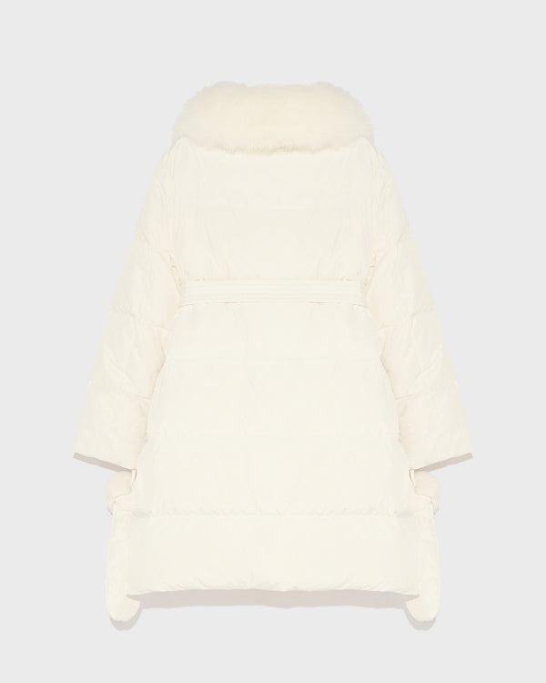 Long belted down jacket in technical fabric with removable fur collar - white - Yves Salomon