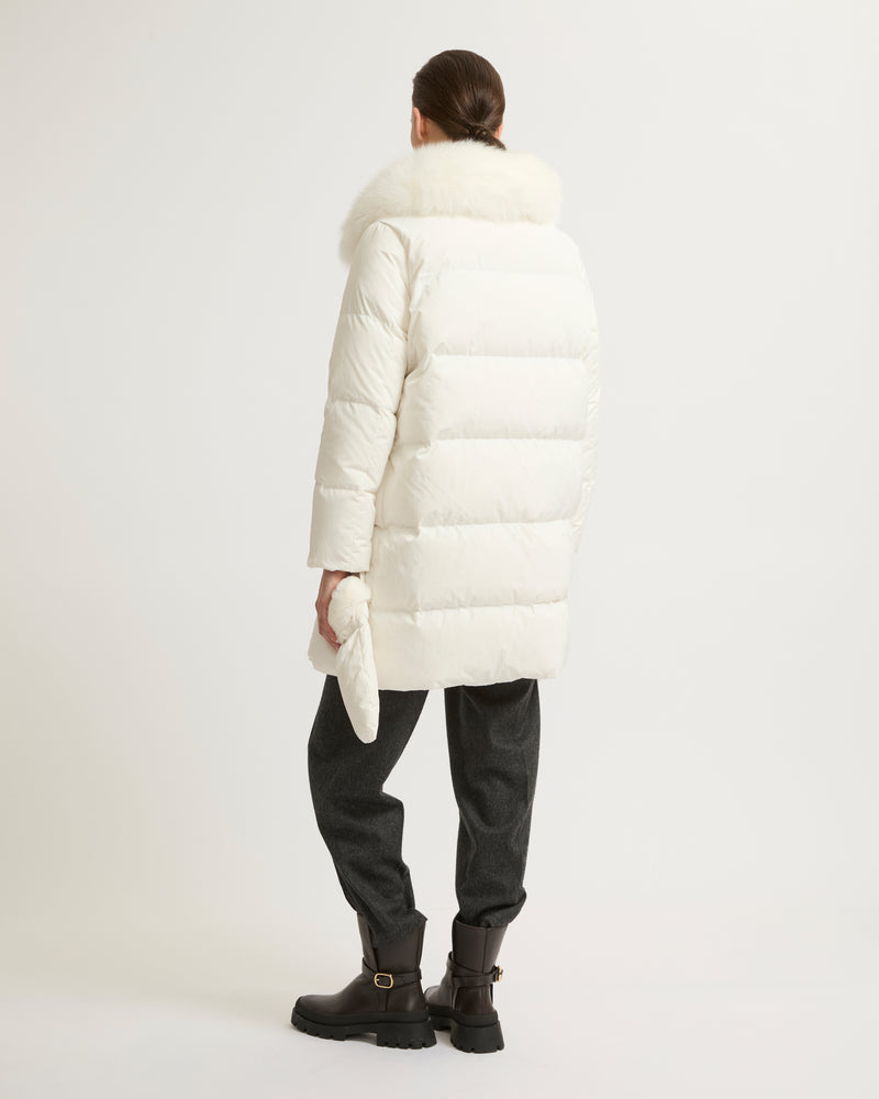 Long belted down jacket in technical fabric with removable fur collar - white - Yves Salomon