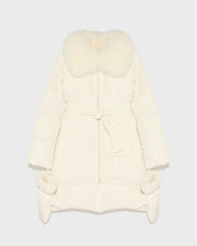 Long belted down jacket in technical fabric with removable fur collar