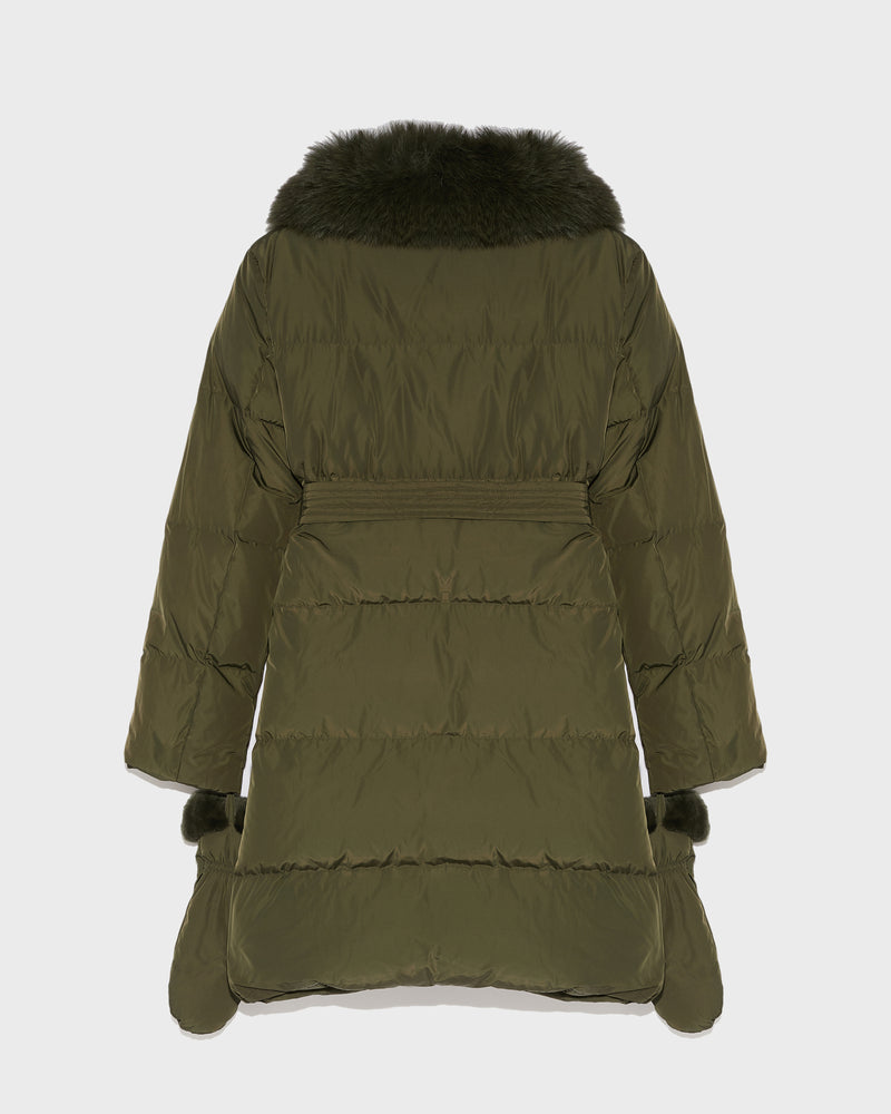 Long belted down jacket in technical fabric with removable fur collar - khaki - Yves Salomon