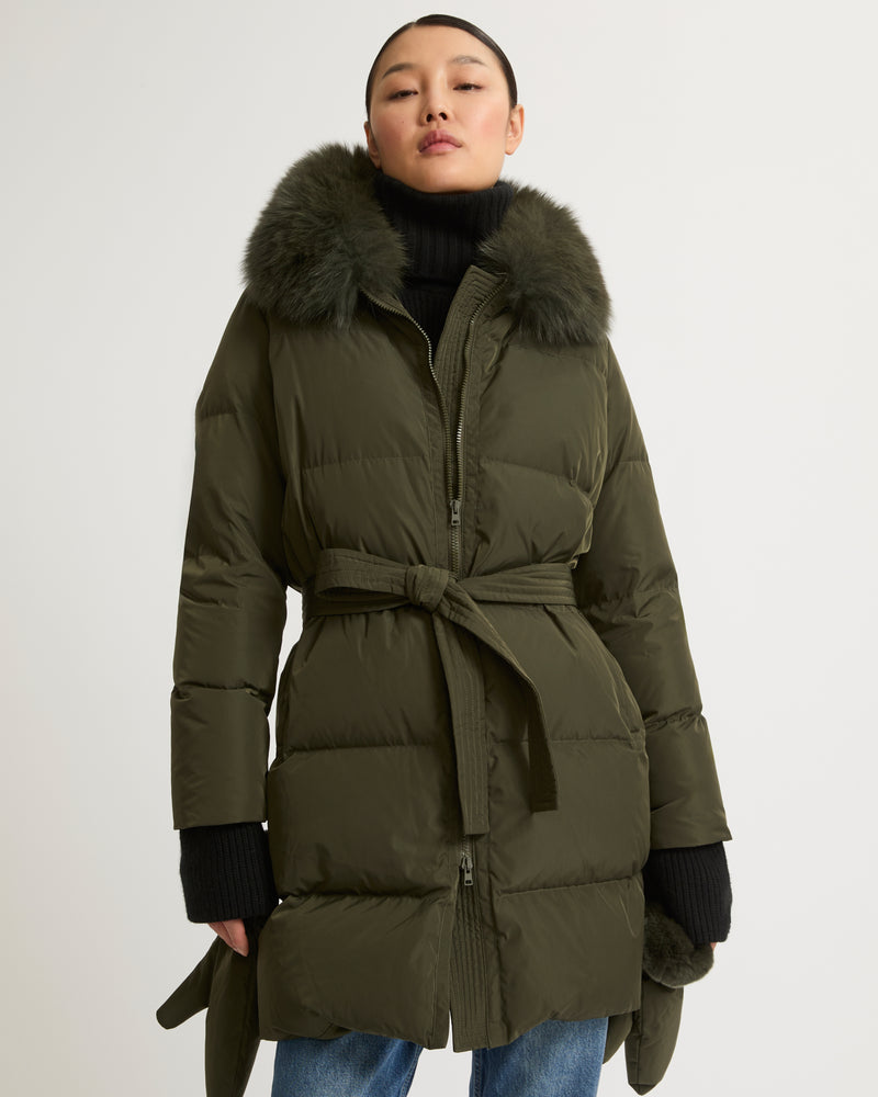 Long belted down jacket in technical fabric with removable fur collar - khaki - Yves Salomon