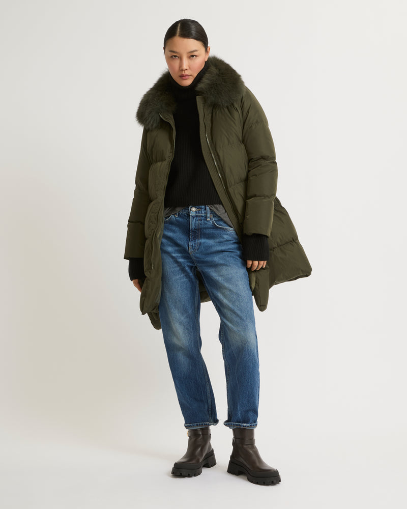 Long belted down jacket in technical fabric with removable fur collar - khaki - Yves Salomon