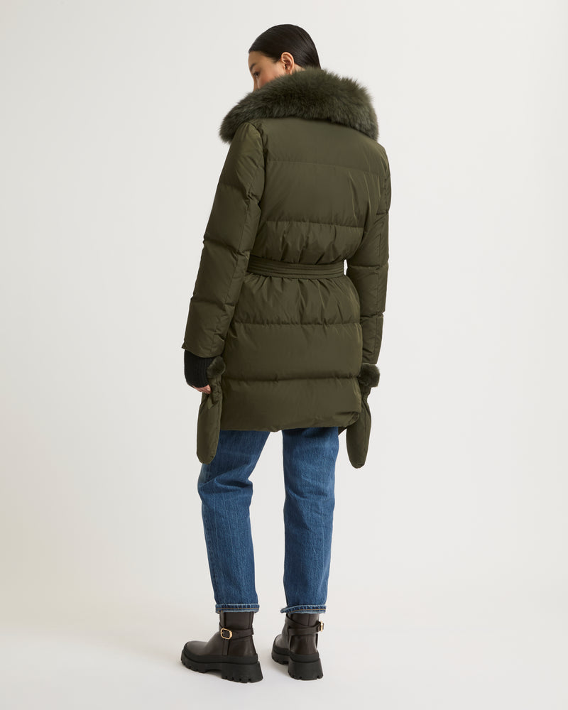 Long belted down jacket in technical fabric with removable fur collar - khaki - Yves Salomon