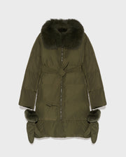 Long belted down jacket in technical fabric with removable fur collar