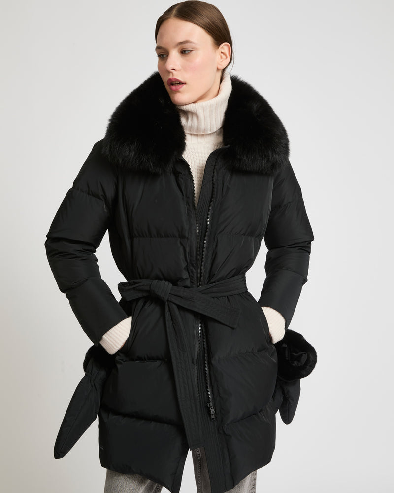 Long belted down jacket in technical fabric with removable fur collar - black - Yves Salomon