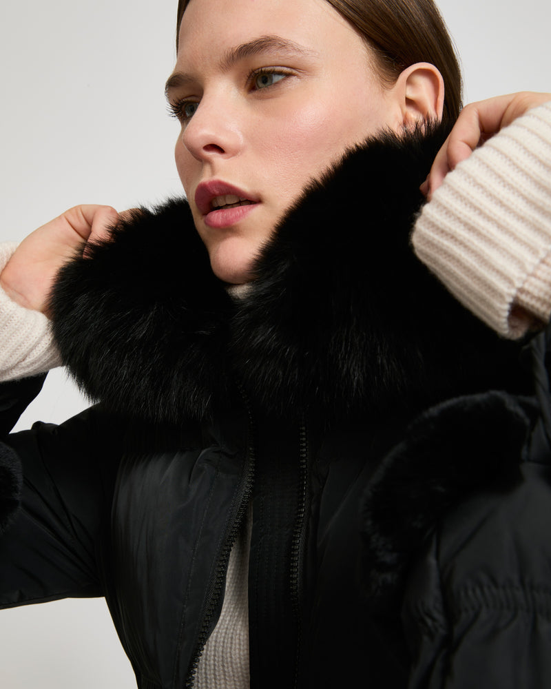 Long belted down jacket in technical fabric with removable fur collar - black - Yves Salomon