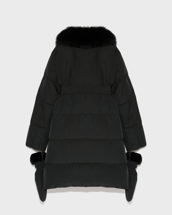 Long belted down jacket in technical fabric with removable fur collar - black - Yves Salomon